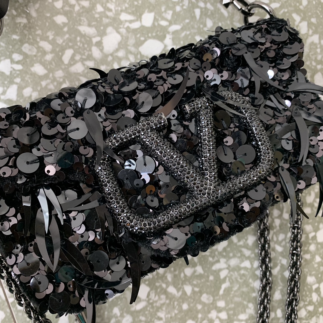 Valentino Garavani Loco Small Embroidered Shoulder Bag with Black Beaded Fringes